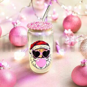 Christmas Pink Bubblegum Santa 16oz Glass Can Tumbler NEW Handmade Rhinestone